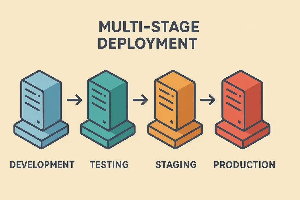 Multi-stage deployment process dengan environment progression